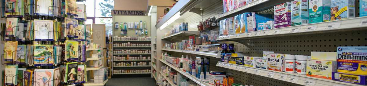 Pharmacy shelves with medicine 