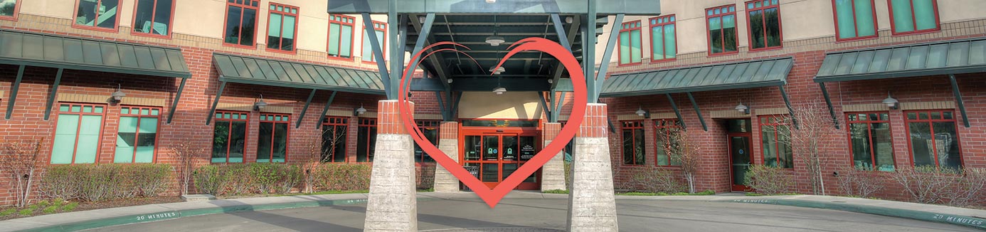 Front of Hospital with heart graphic overlay