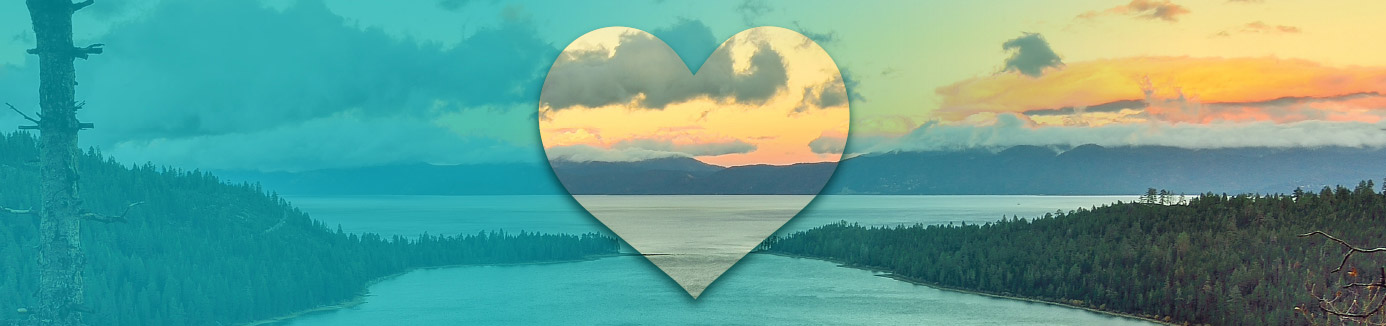 Heart superimposed over lake tahoe sunrise