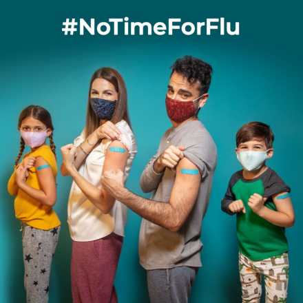 #notimeforflu with man, woman, girl and boy with band-aide on arms and mask