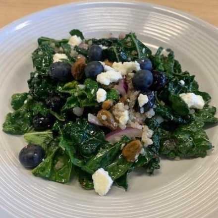 Quinoa Kale Salad with Blueberries, Feta, and Lemon Vinaigrette