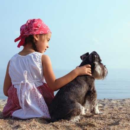 Little girl and dog on the beach