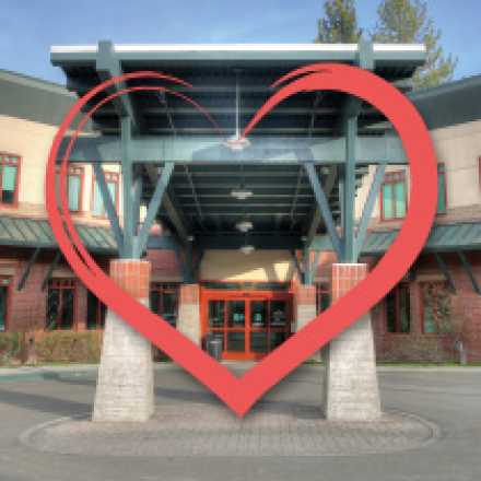 Front of Tahoe Forest Hospital with heart graphic overlay