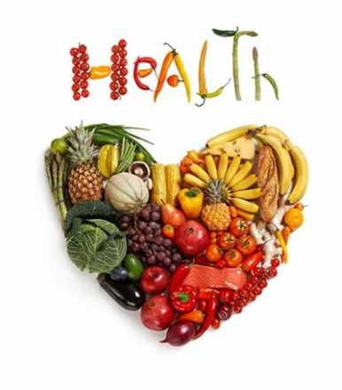 Graphic with heart and vegetables with the word Health