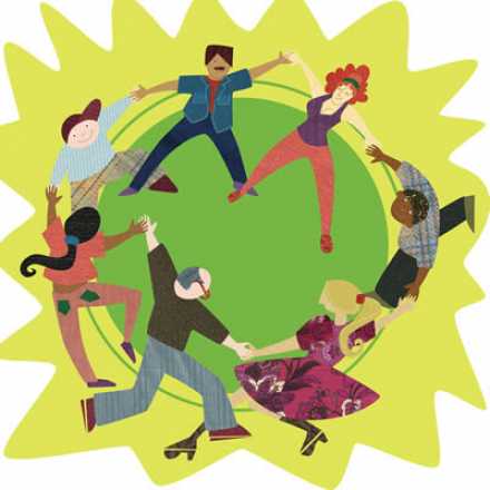 Illustrated people dancing on green circle