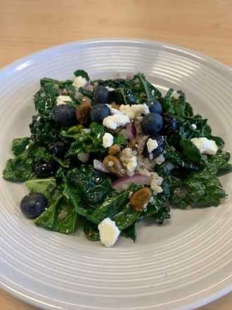 Quinoa Kale Salad with Blueberries, Feta, and Lemon Vinaigrette