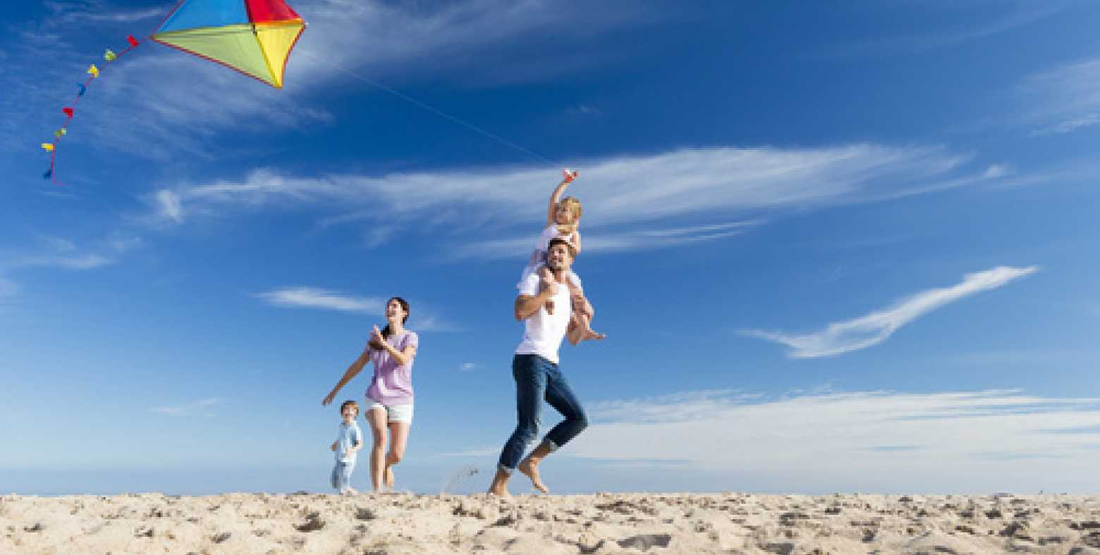 Family playing with a kite on the beach