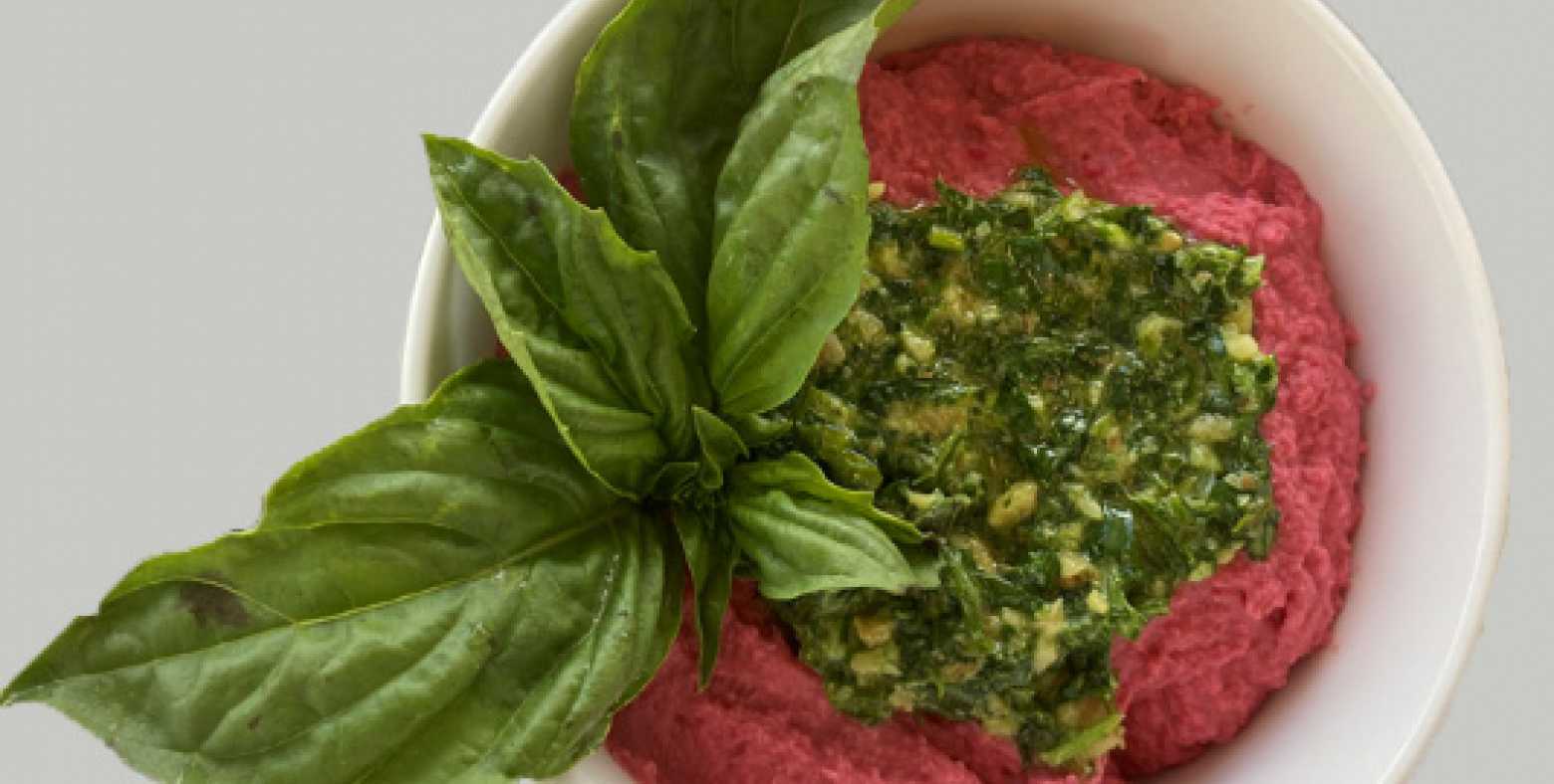 roasted beet hummus in a bowl