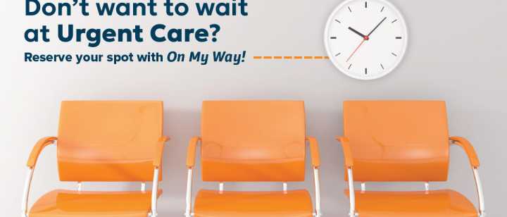 3 orange office chairs with clock above with On My Way text