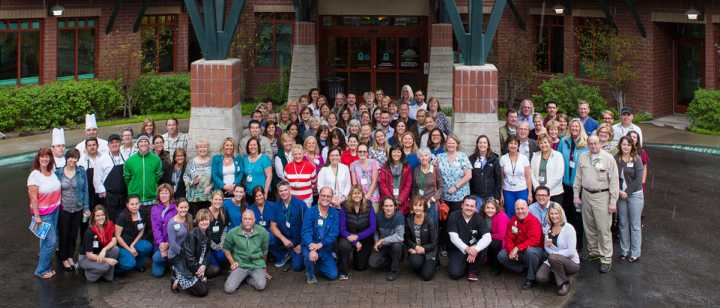 Huge group of Tahoe Forest Hospital staff in front of hospital