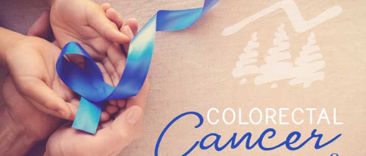 adult and child hands holding blue ribbon with Colorectal Cancer Awareness text