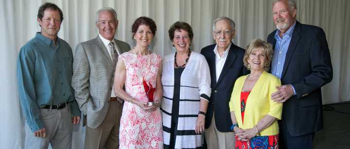Karen Sessler with past Spirit of Giving Award recipients: Billy McCullough, Randy Hill, Pam Hobday, Patti Boxeth, Gary Boxeth