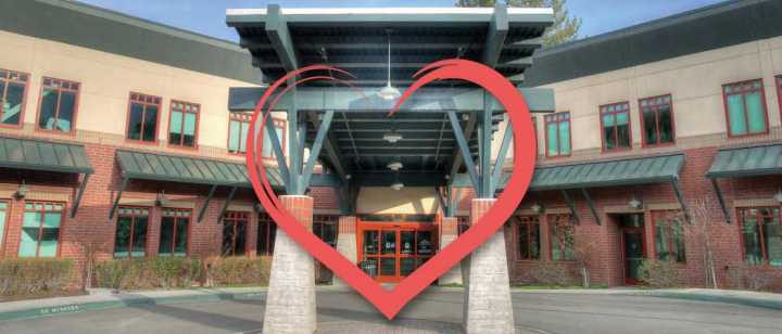Entrance to Tahoe Forest Hospital with heart graphic overlay