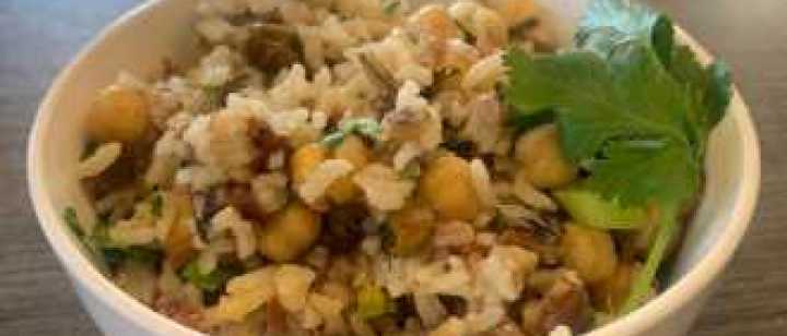 Bowl of Moroccan forbidden rice salad