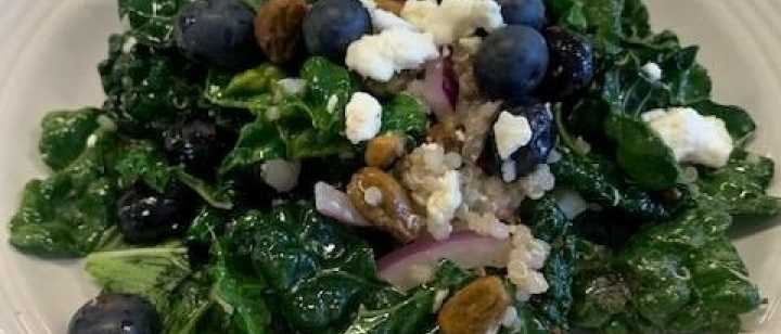 quinoa kale salad with blueberries, feta and lemon vinaigrette