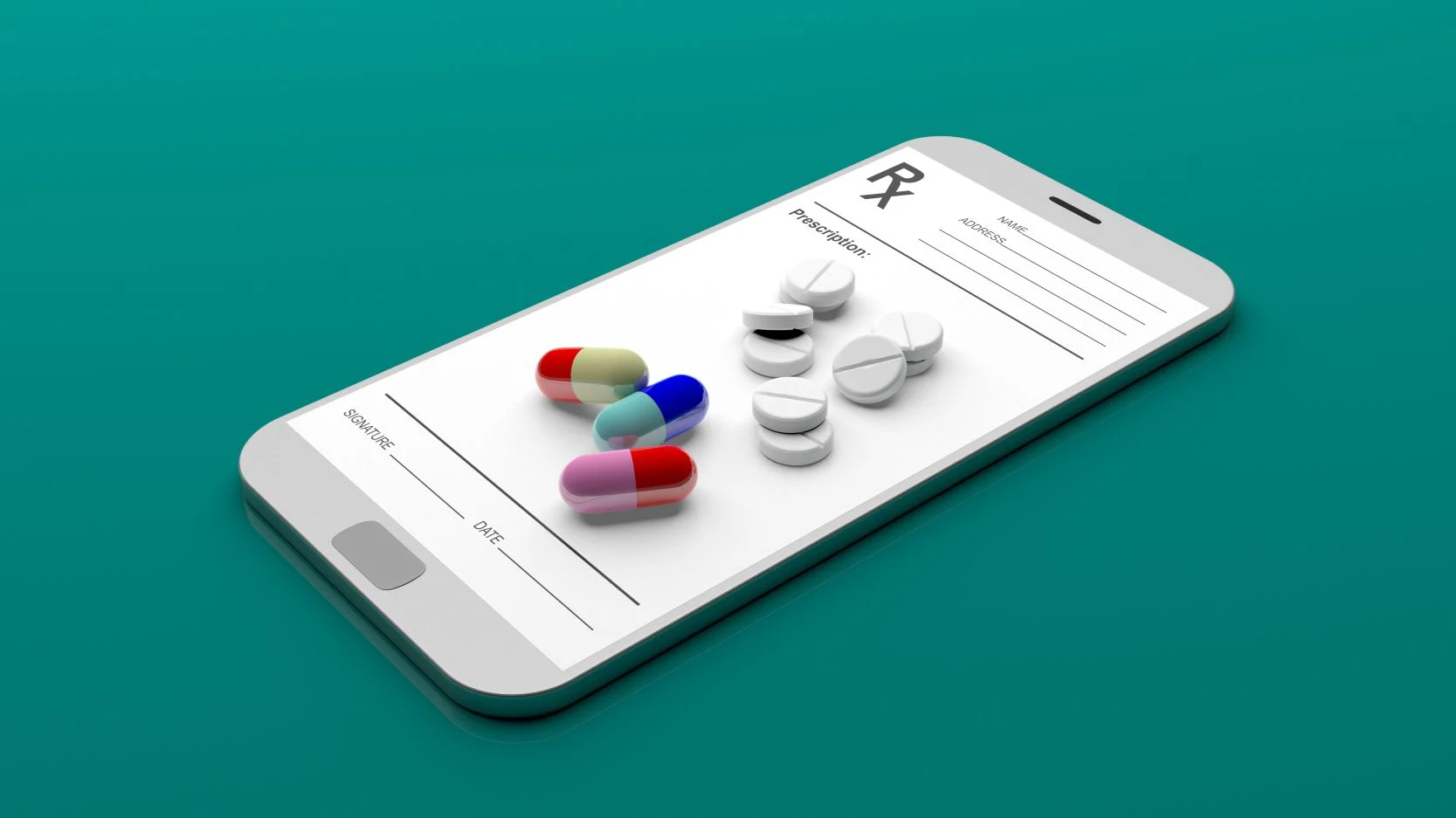 phone with image of online rx form and pills