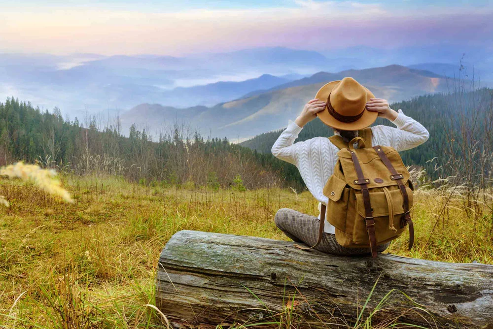 Authentic-Wellness-2020_0 female sitting on log gazing at mountain range
