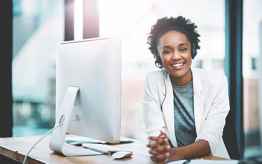 Customer service agent smiling