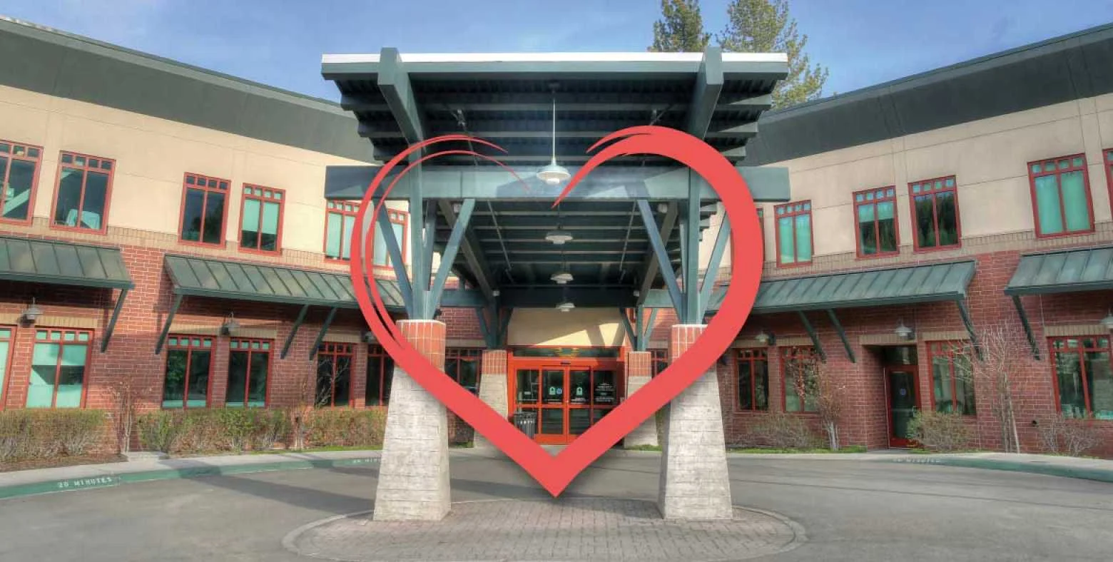 Entrance to Tahoe Forest Hospital with heart graphic overlay