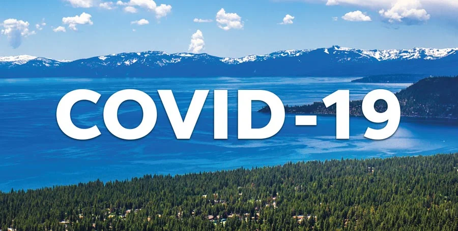 Lake Tahoe with text overlay: COVID-19