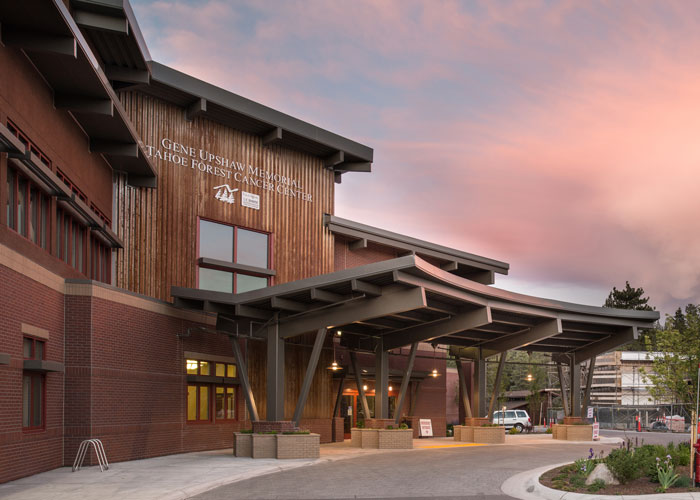 Cancer Center entrance at sunset
