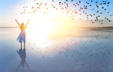 horizon birds flying at sunset and woman with arms raised