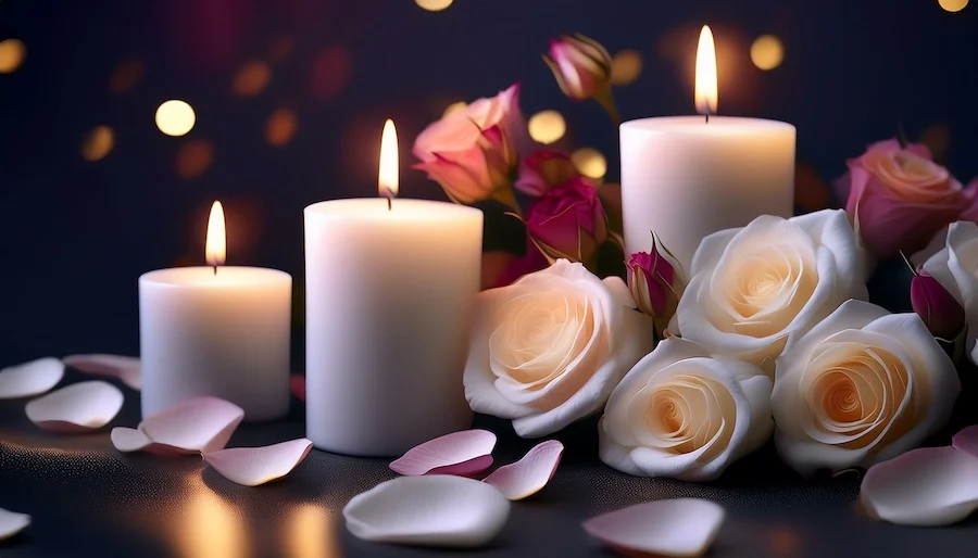 In Loving Memory: White Candles with Roses and Petals for Funeral Memorial and Sympathy” candles and flowers