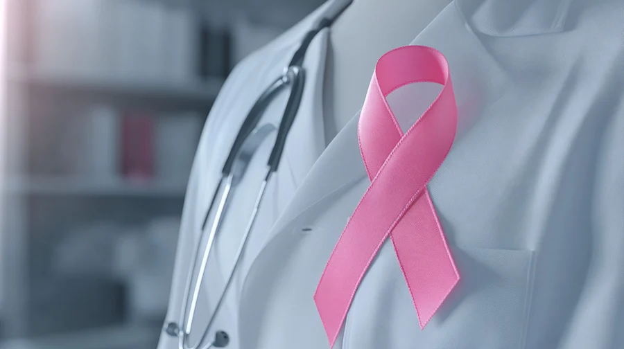 Fighting cancer in women. Purple ribbon on white doctor’s coat. Face not visible. Pink ribbon on Doctor's white lab coat and stethoscope