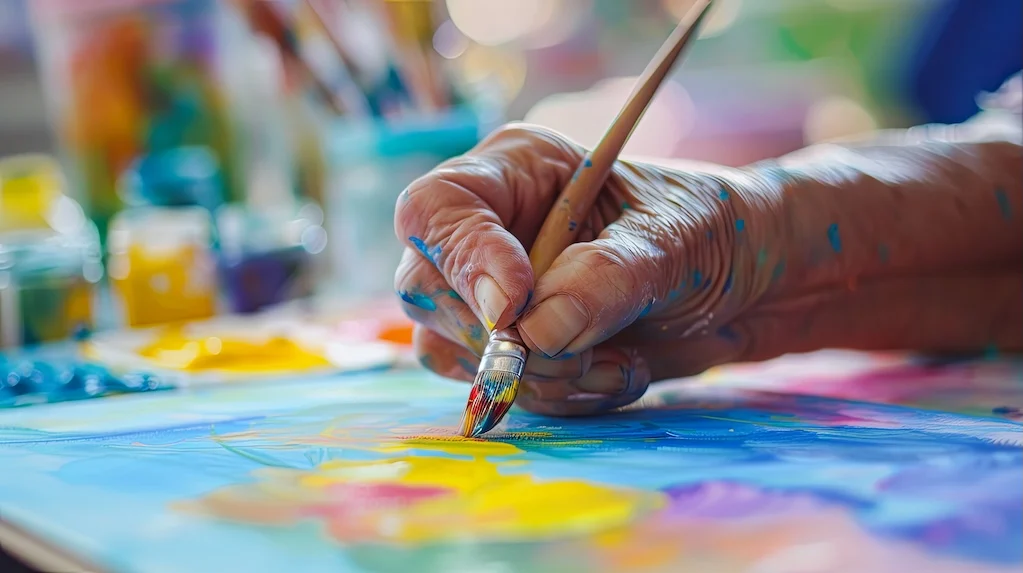 Close Up Senior Hand Painting Vibrant Colorful Abstract Artwork on Canvas, Creative Arts and Crafts, Active Retirement Lifestyle, Art Therapy for Elderly Concept close up of senior's hand holding paintbrush