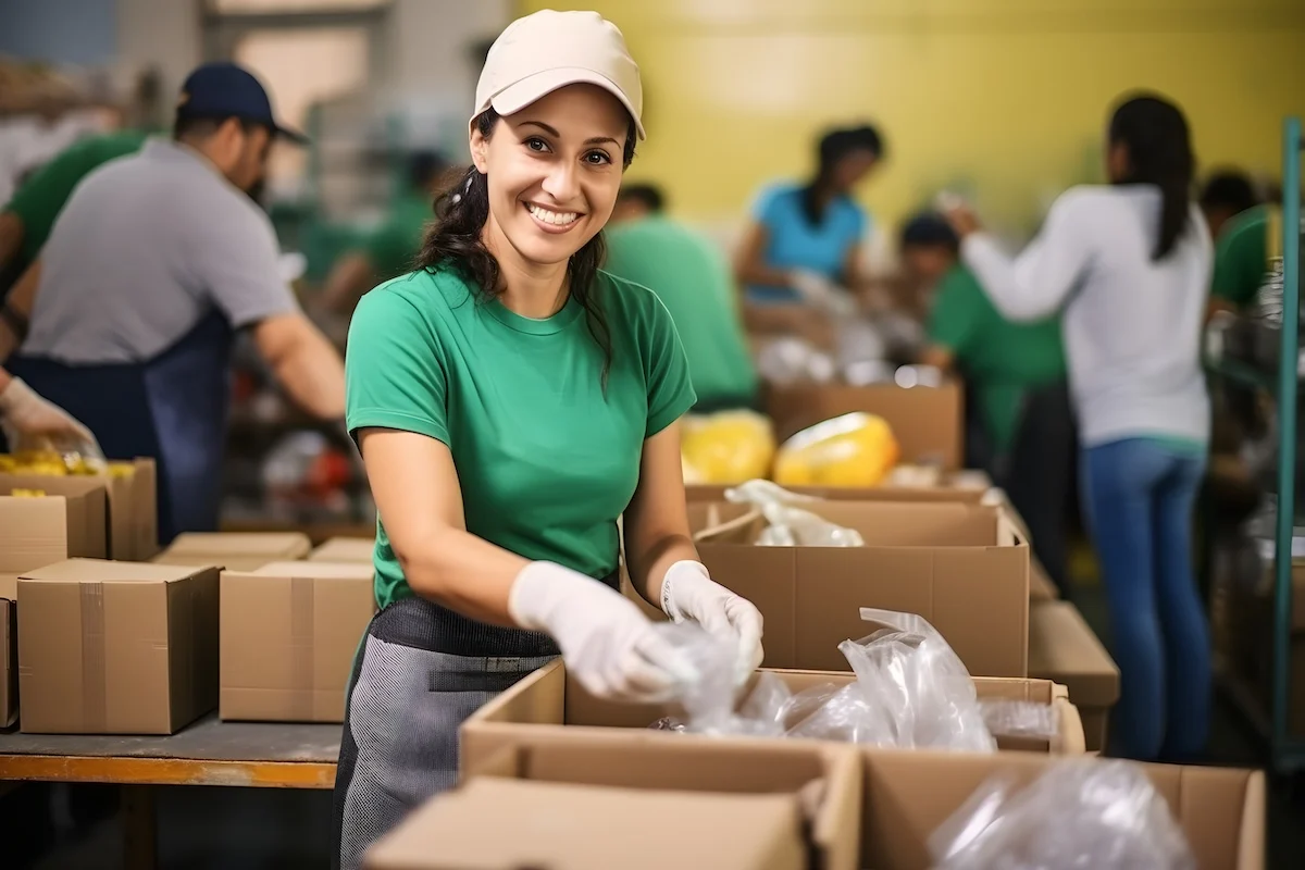 Portrait of a Female Volunteer Preparing Free Food Delivery for Low Income People. Charity Workers and Members of the Community Work Together in Local Humanitarian Aid Donation Centre female volunteering