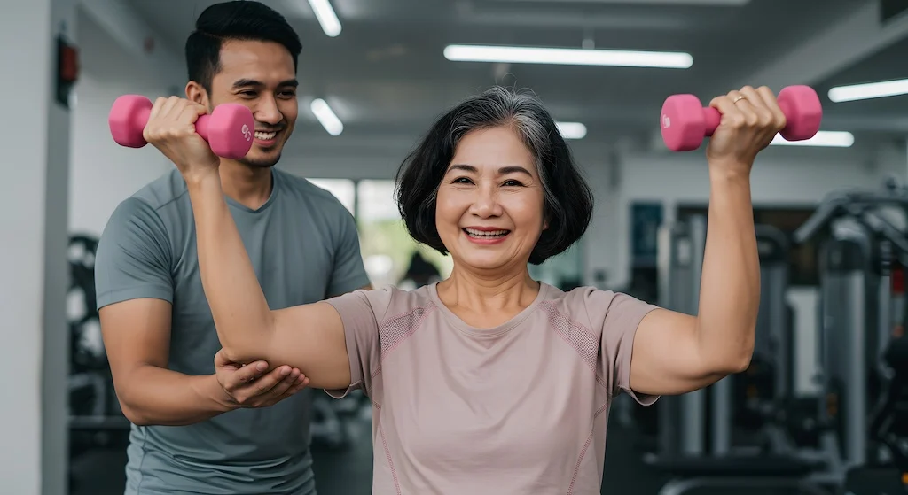 elderly female lifting weights with help from male personal trainer