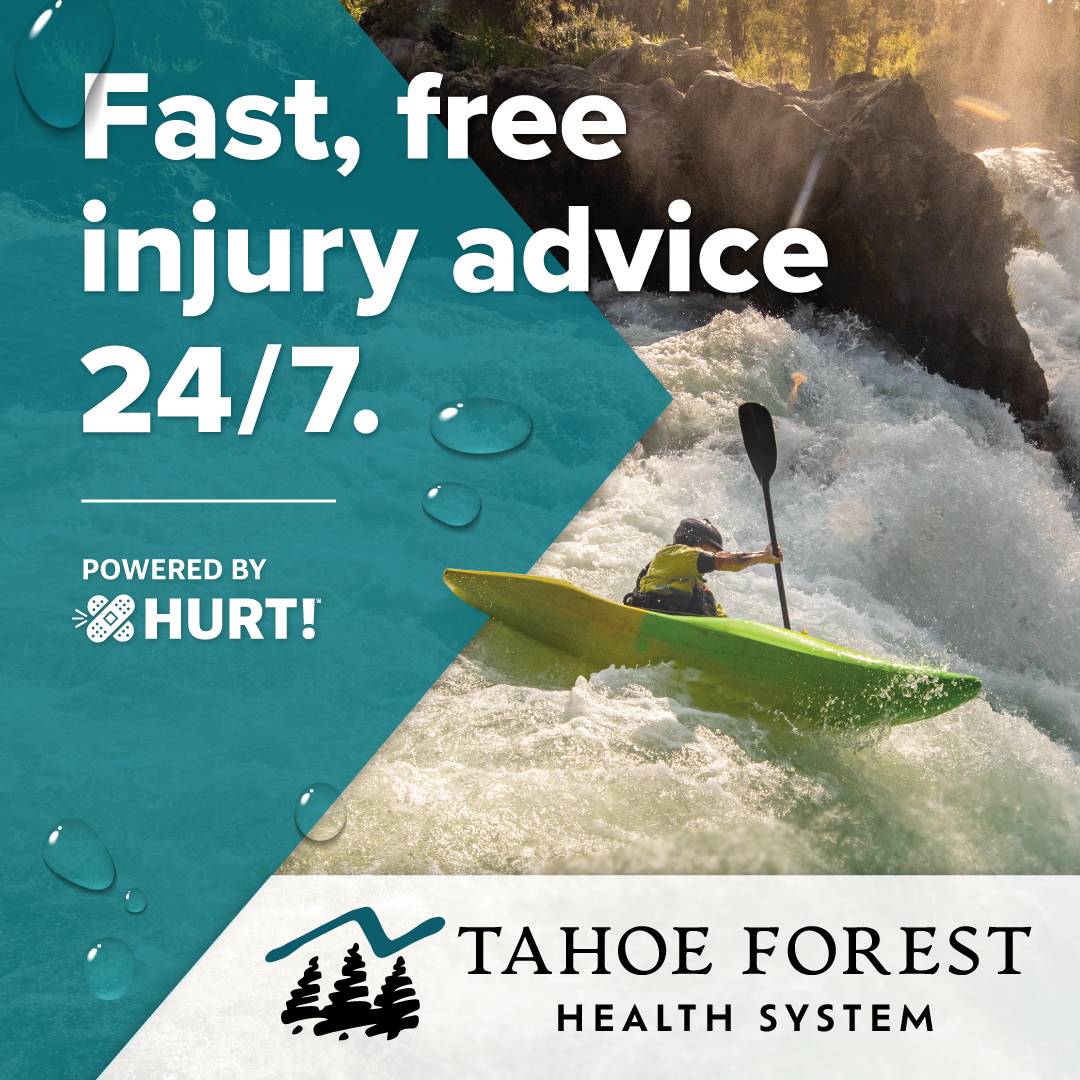 2025-TFHS-Ortho_HURT_1080x1080-Spring_25014_ kayaker over waterfall with text: Fast free injury advice 24/7. powered by HURT! Tahoe Forest Health System