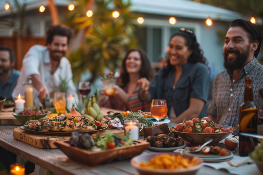 a group of friends enjoying a potluck dinner in a backyard, with diverse dishes, laughter, and warm lighting, capturing community and shared meals. Group of friends around table of food