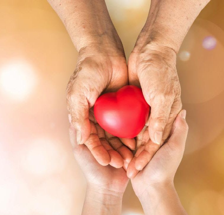 2 sets of hands holding a red heart