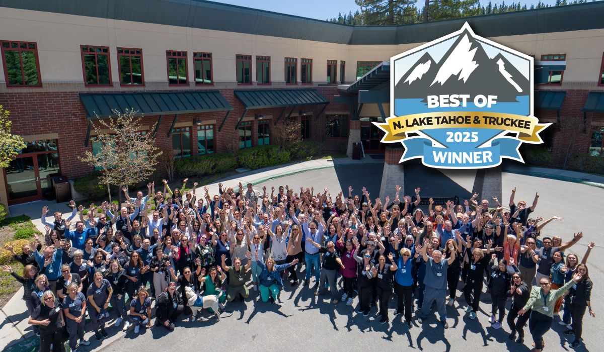 TFHS staff in front of tahoe forest hospital with 2025 best of north lake tahoe and truckee badge