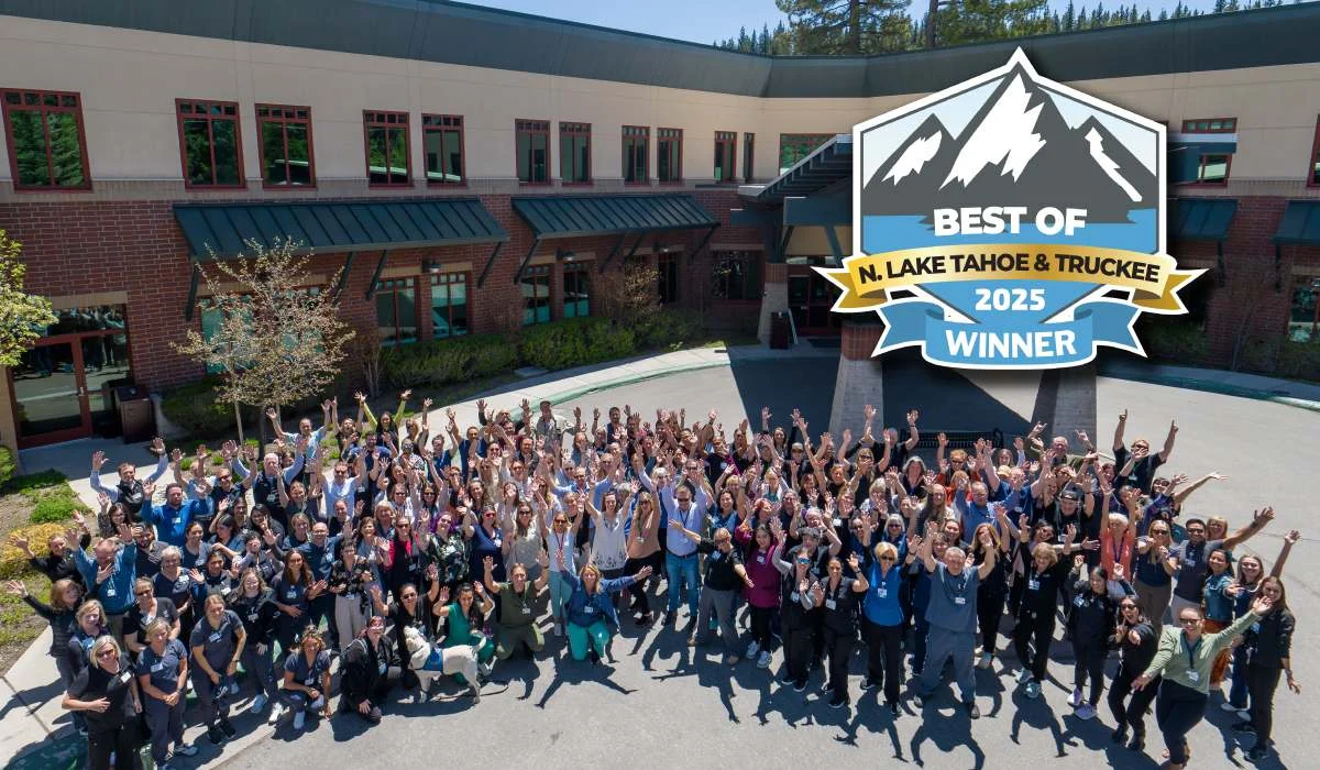 2025-Best-of-Tahoe-Truckee Hospital staff with arms up in celebration with text: Best of North Lake Tahoe Truckee 2025 winner