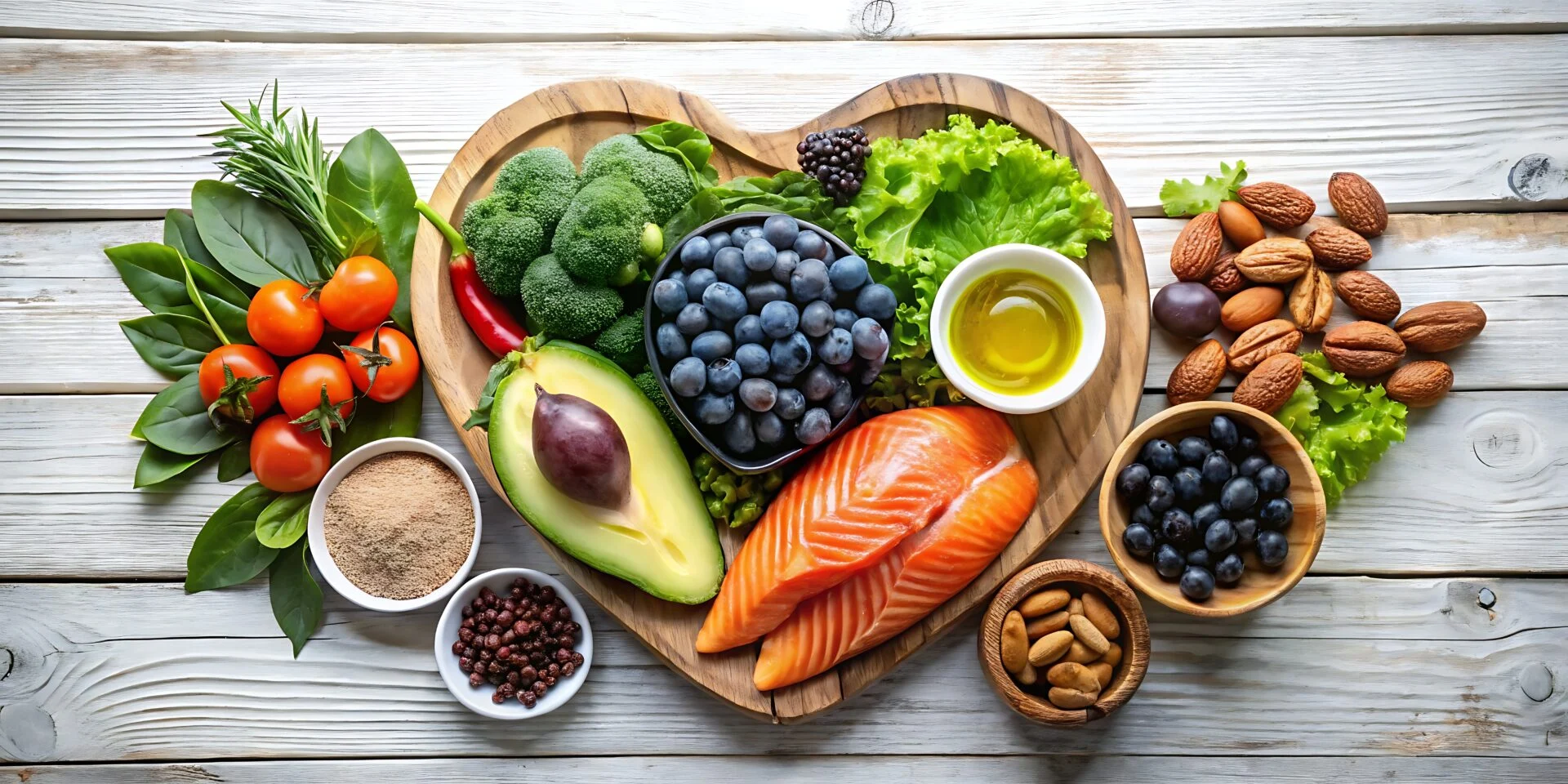 Heart healthy foods including salmon berries nuts avocado and vegetables heart healthy foods in heart shaped wooden plate