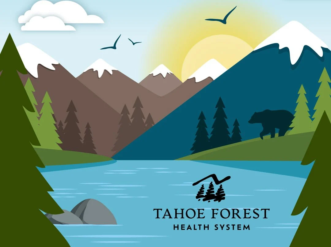 communitycommitsquare illustrated scene of lake, trees, mountains and wildlife. text reads: Tahoe Forest Health System