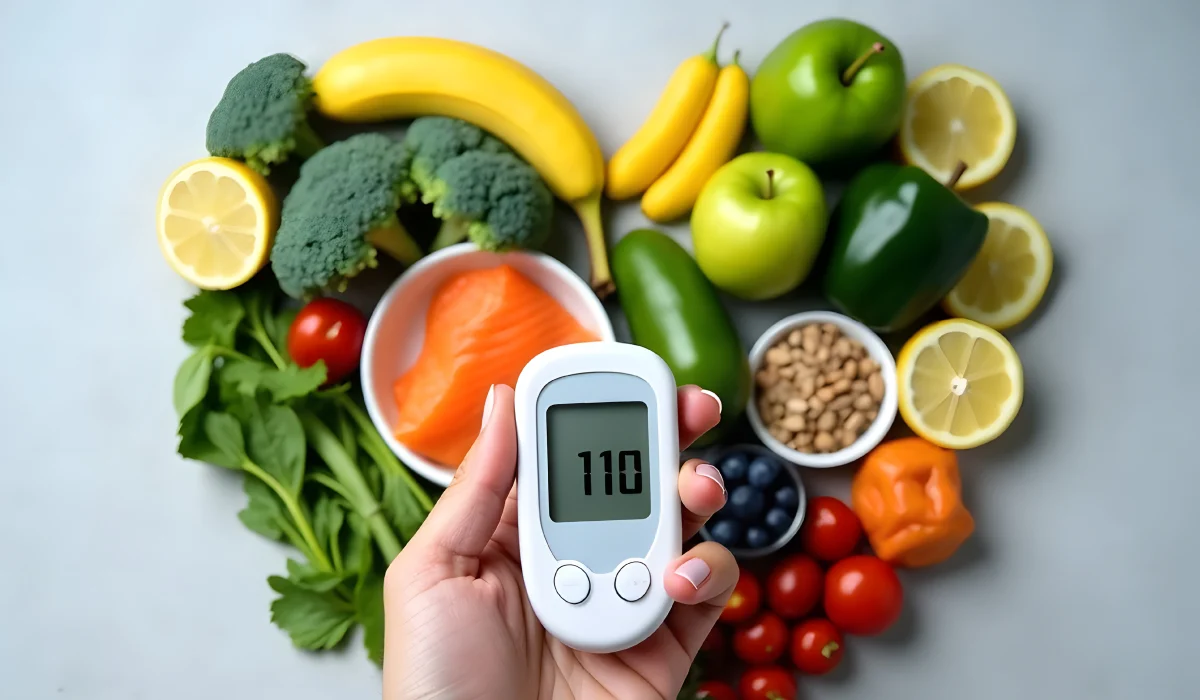 diabetes-web-news-item-06-2025 healthy foods in heart shape with glucose monitor