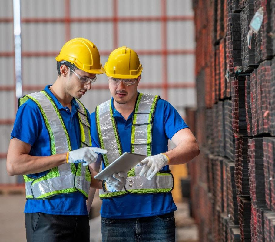 hardhats men in hard hats consult a document
