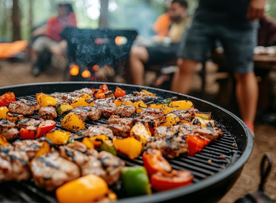 meat and vegetable kabobs cooking on grill