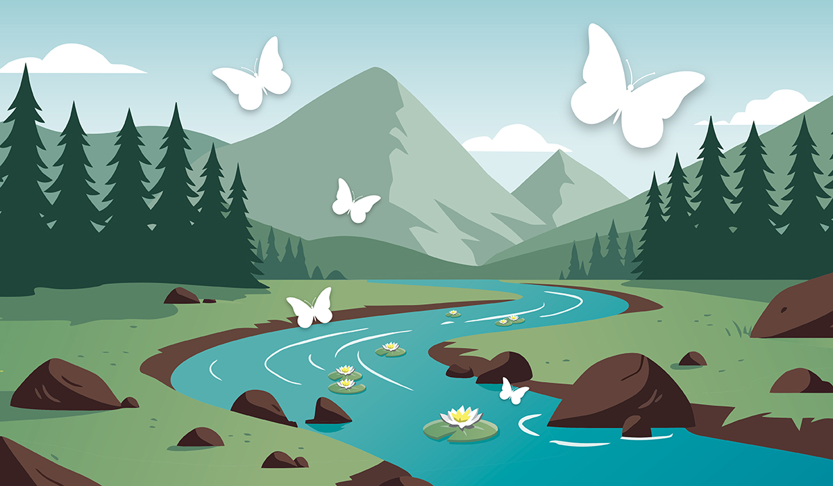 clip art of mountains, trees, river, and butterflies