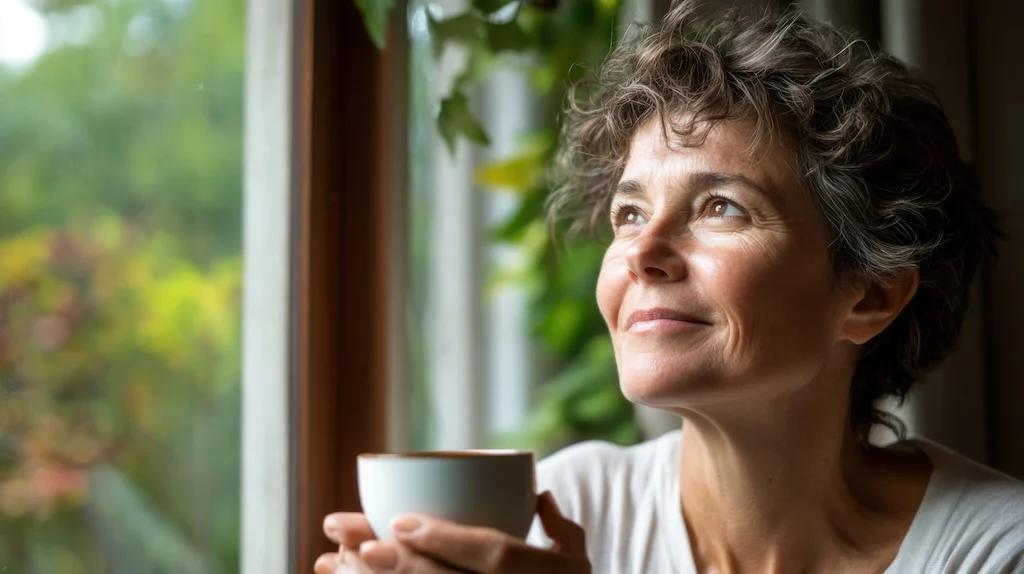 woman enjoying coffee by window woman enjoying coffee by the window