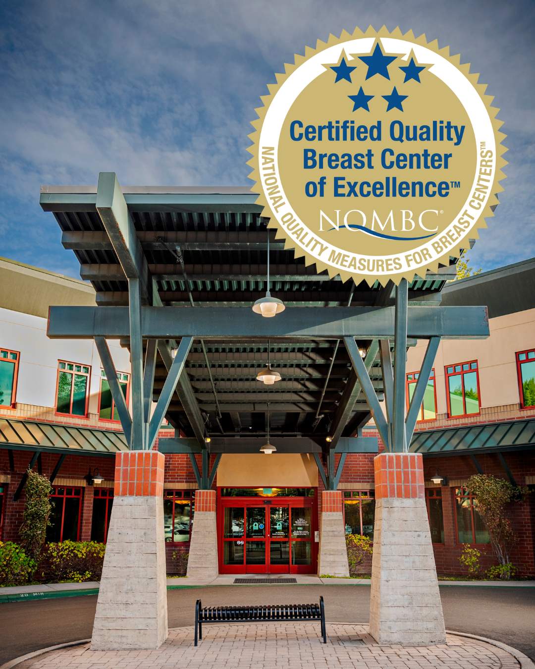 breastaward tahoe forest hospital entrance with text overlay: certified quality breast center of excellence NQMBC; national quality measures for breast cancer
