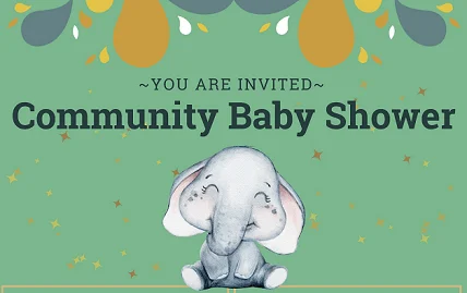 Baby Shower.Web News Image Invitation to Community Baby Shower with Cartoon Elephant