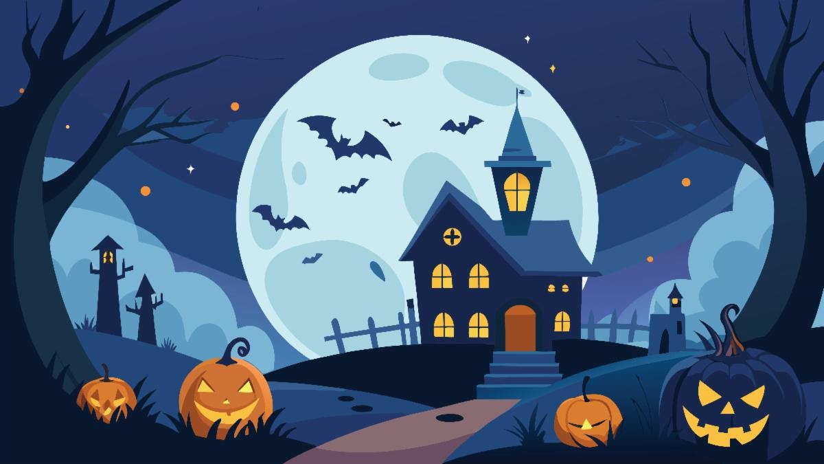 haunted Haunted house illustration with jack-o-lanterns, bats and a full moon