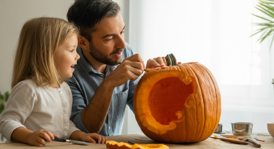 father and daughter carving pumpkin