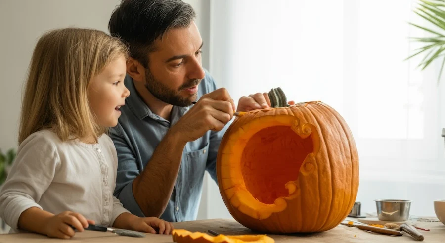 father and daughter carving pumpkin