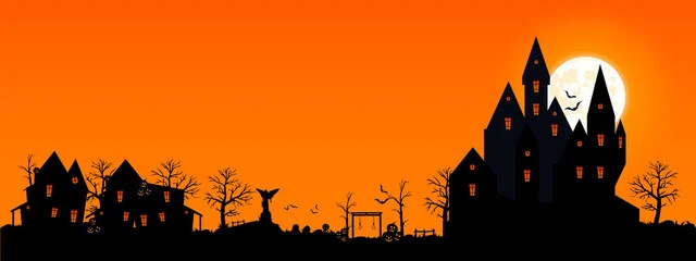 haunt haunted house with orange sky and full moon rising