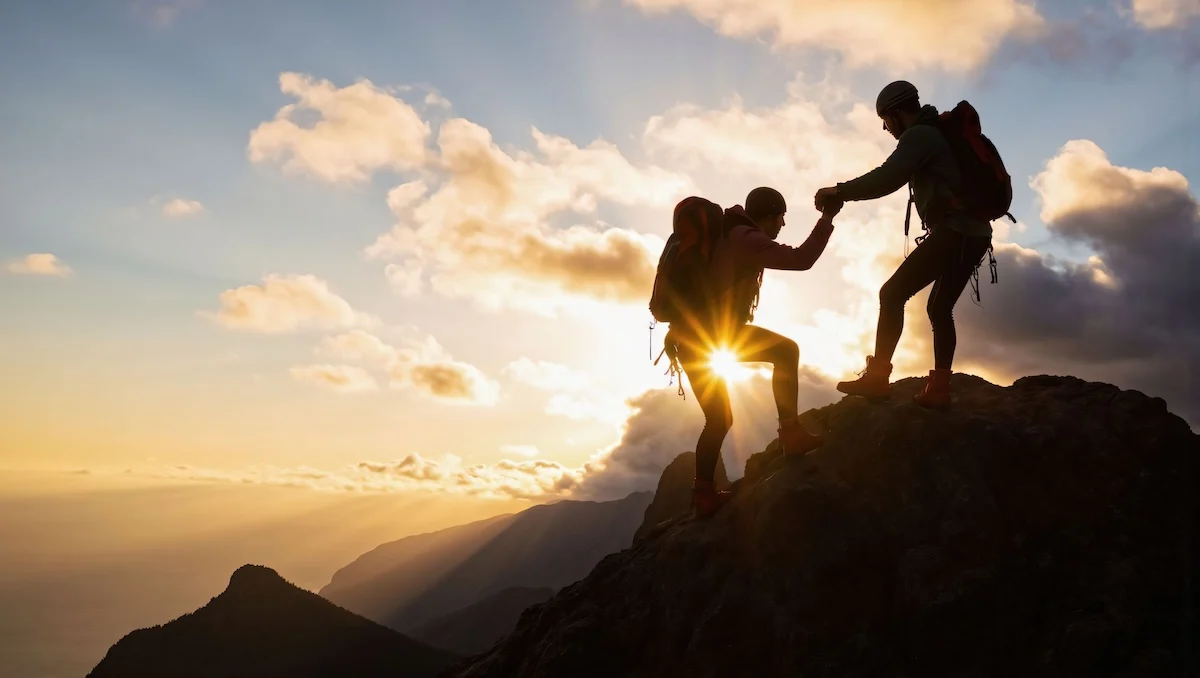 silhouettes of male mountain climber helping another up the peak of mountain at sunset